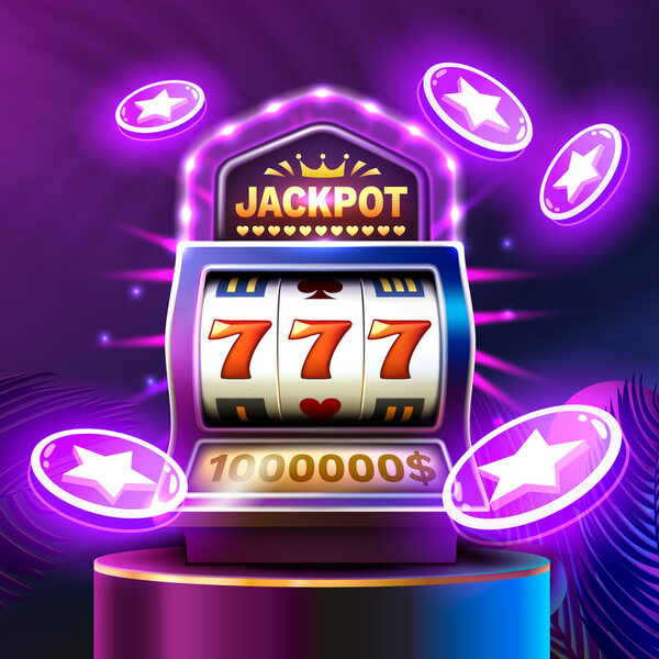 Online slots image with purple stars flying from a one-armed bandit