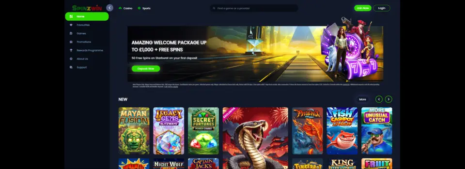 SpinzWin Casino Homepage