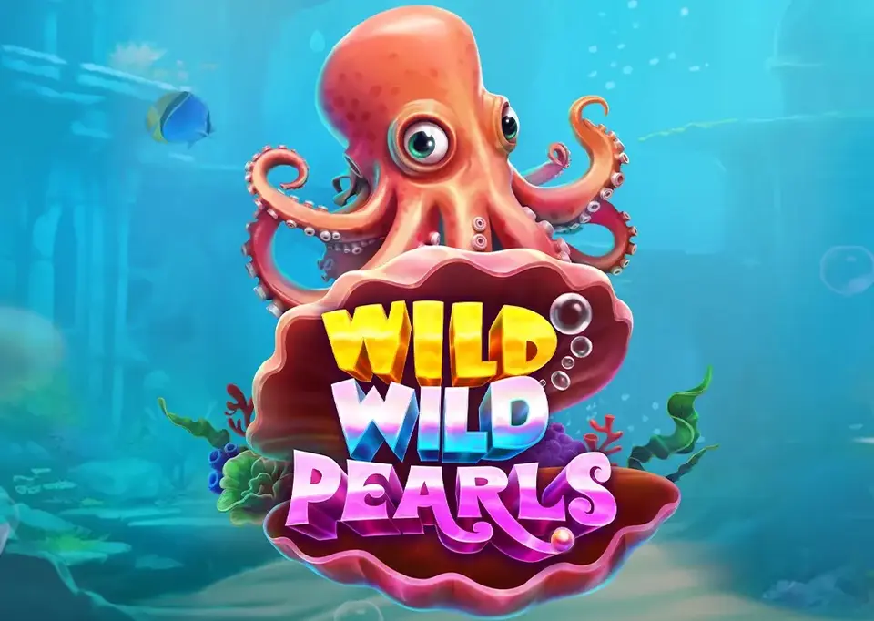 Underwater-themed illustration featuring a cartoon octopus emerging from a large open clam with the text 'Wild Wild Pearls' in colorful lettering, surrounded by coral and sea plants."