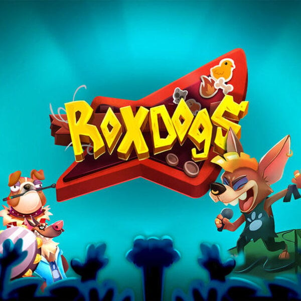 Rox Dogs game logo featuring cartoon-style rockstar dogs performing on stage with a cheering crowd in the background.