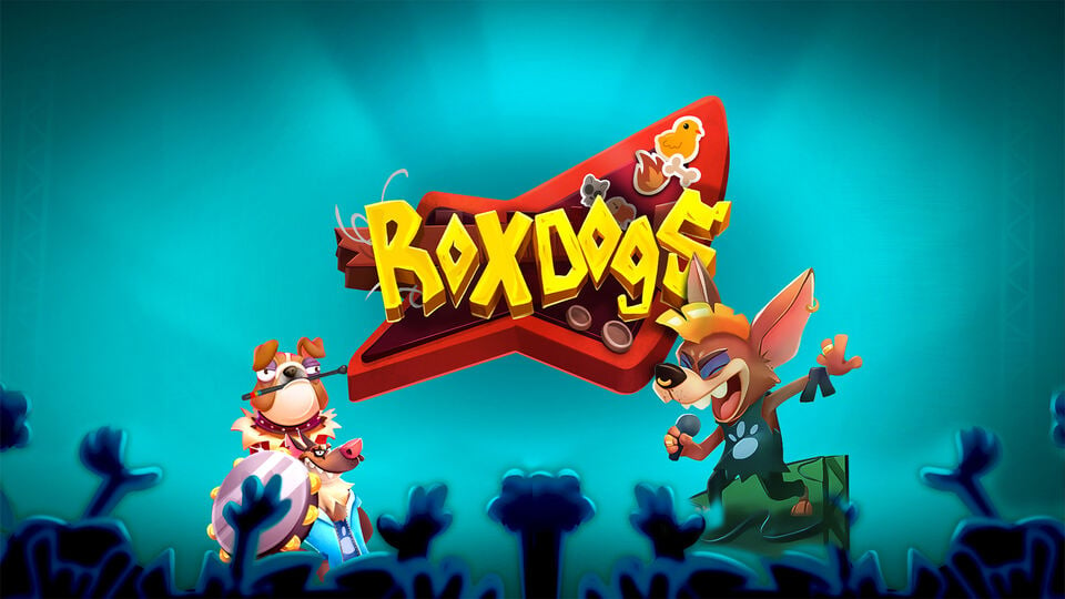 Rox Dogs game logo featuring cartoon-style rockstar dogs performing on stage with a cheering crowd in the background.