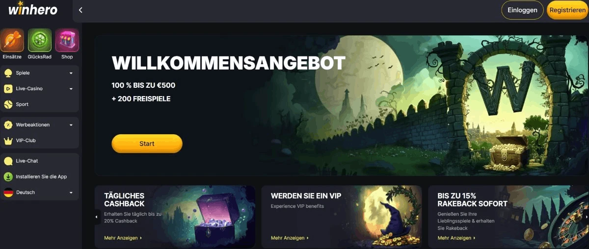 Winhero Casino Willkommenspaket mit 1.050 Bonusguthaben und 350 Freispielen