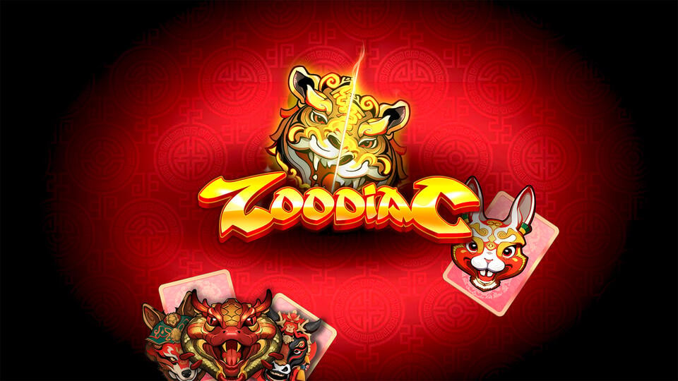 Zoodiac game logo featuring a stylized golden tiger, a rabbit, and dragon-themed playing cards on a red background with intricate patterns