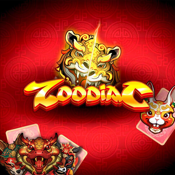 Zoodiac game logo featuring a stylized golden tiger, a rabbit, and dragon-themed playing cards on a red background with intricate patterns