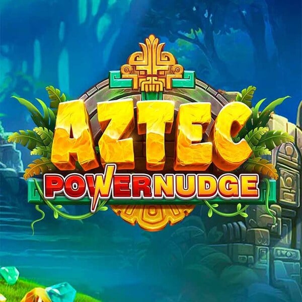 Aztec PowerNudge game logo with bold golden text set against an ancient temple background with jungle elements