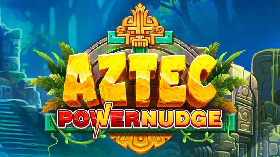 Aztec PowerNudge game logo with bold golden text set against an ancient temple background with jungle elements