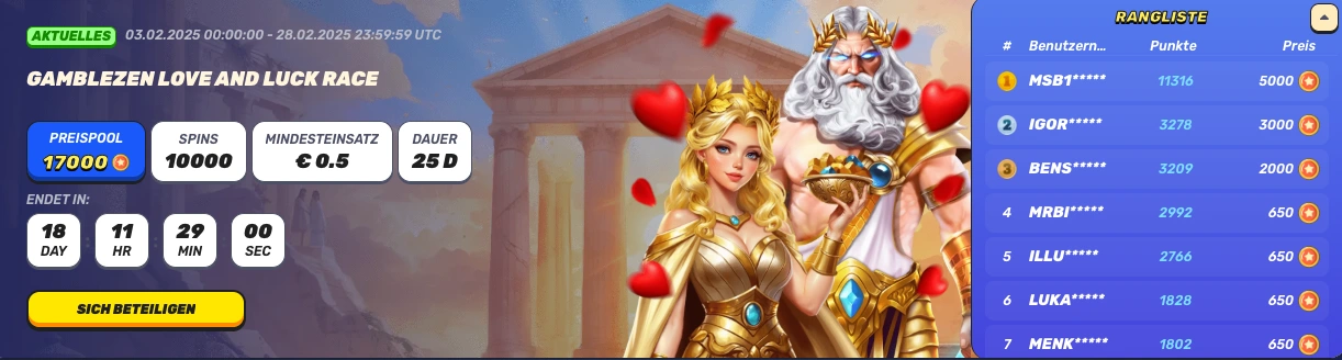 Gamblezen Love and Luck Race zum Valentinstag