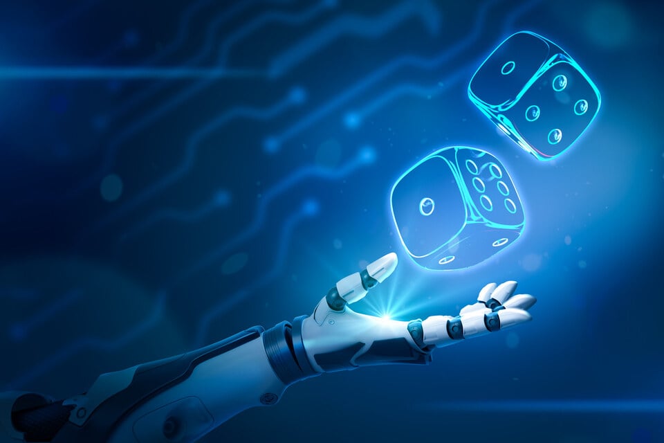 Robotic hand and neon casino dice on blue background stock photo