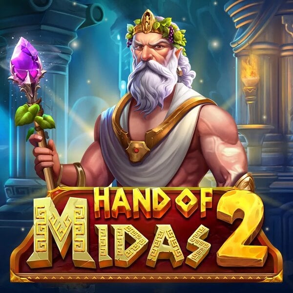 Hand of Midas 2 logo in front of King Midas holding a staff with a purple crystal.