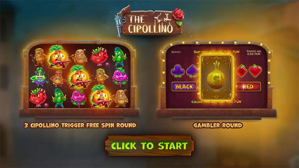 The Cipollino game screen showing gameplay and the start menu