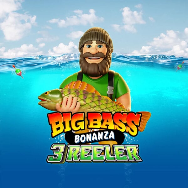 Big Bass Bonanza 3 reeler logo with fisherman standing with a fish and water behind him