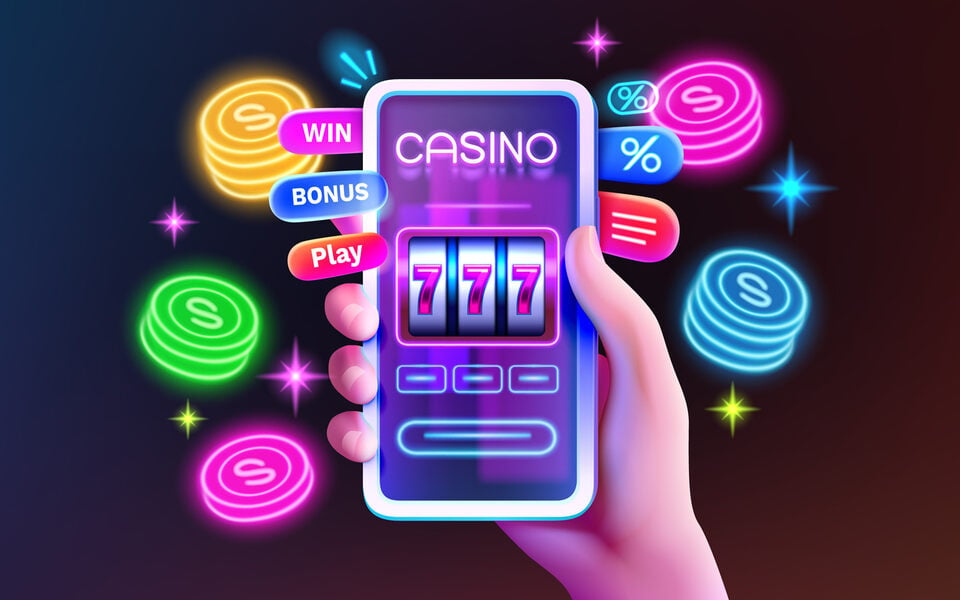 Online casino games and slots on a vector image of a phone with neon chips and money in the background.