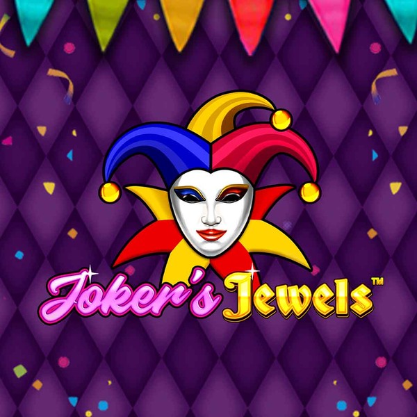 Joker's Jewels logo of a jester mask against a purple background with a coloured bunting banner along the top